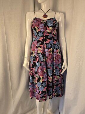 California Crush 100% Rayon Black & Purple Spaghetti Strap Floral Dress Size 8